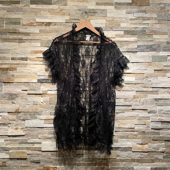 Vintage Frederick’s Hollywood Black Lace Ruffle Robe | OS Boudoir Kimono Y2K - Picture 3 of 8